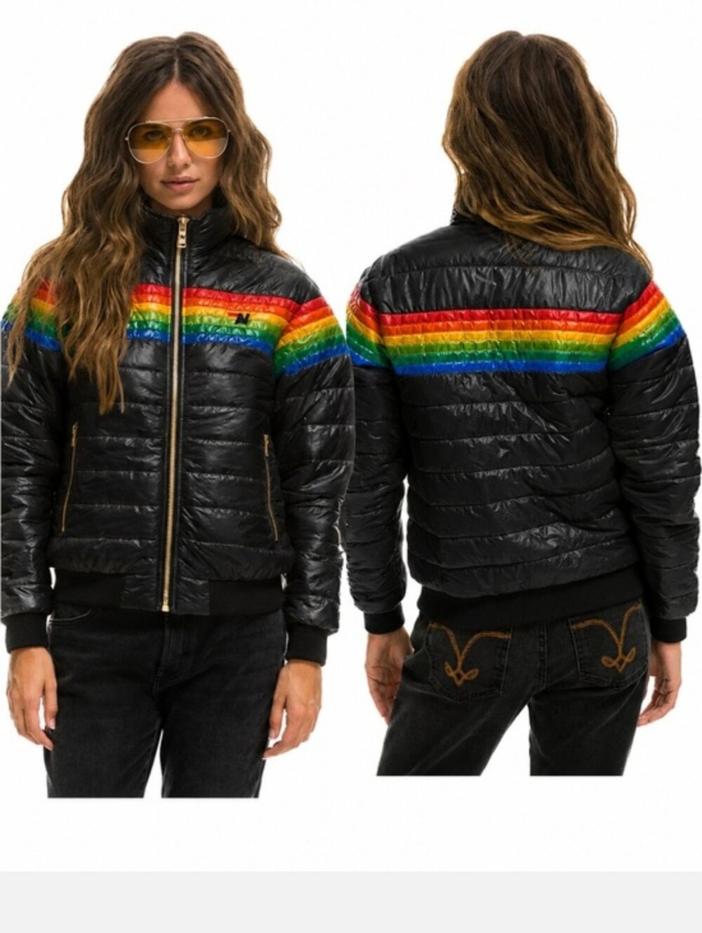Aviator Nation Rainbow Stripe Puffer Jacket – Black – Size L